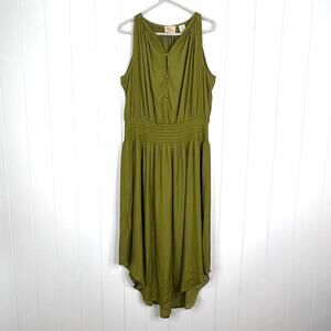 Elie Elie Tahari Olive Green Smocked Waist Lined with Button Front Dress SZ L‎